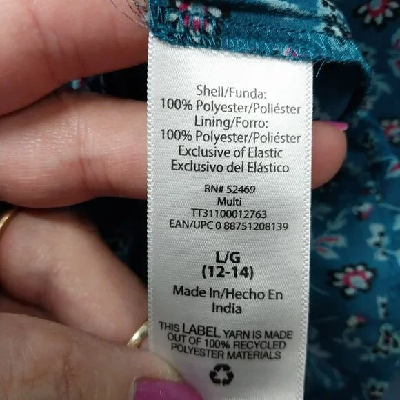 3603 Size Large Time and True Dark Teal Floral Lined Dress. - Picture 7 of 7